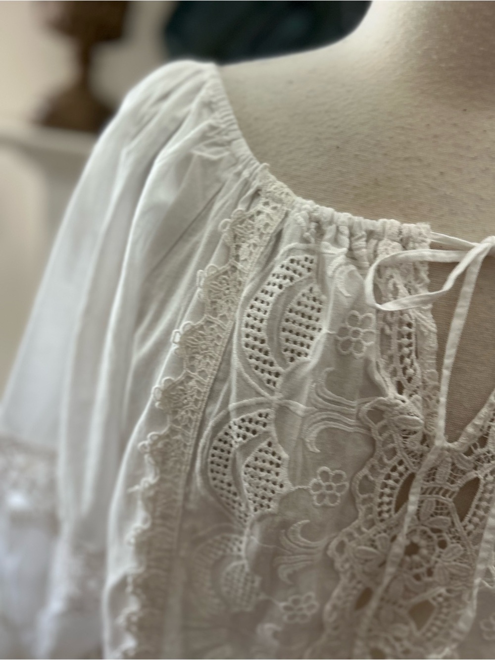 Jennifer & Grace White Lace Peasant Blouse with Tie Neck - Picture 3 of 11